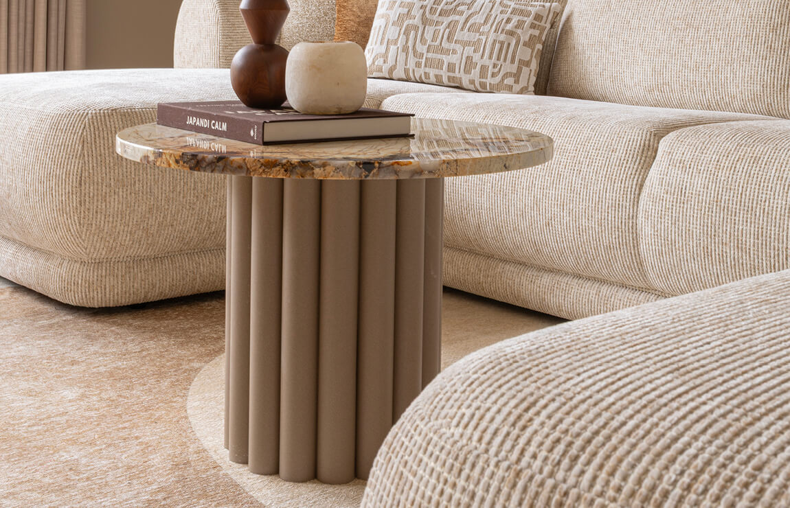 Ronde marmeren salontafel James beige met Patagonia blad